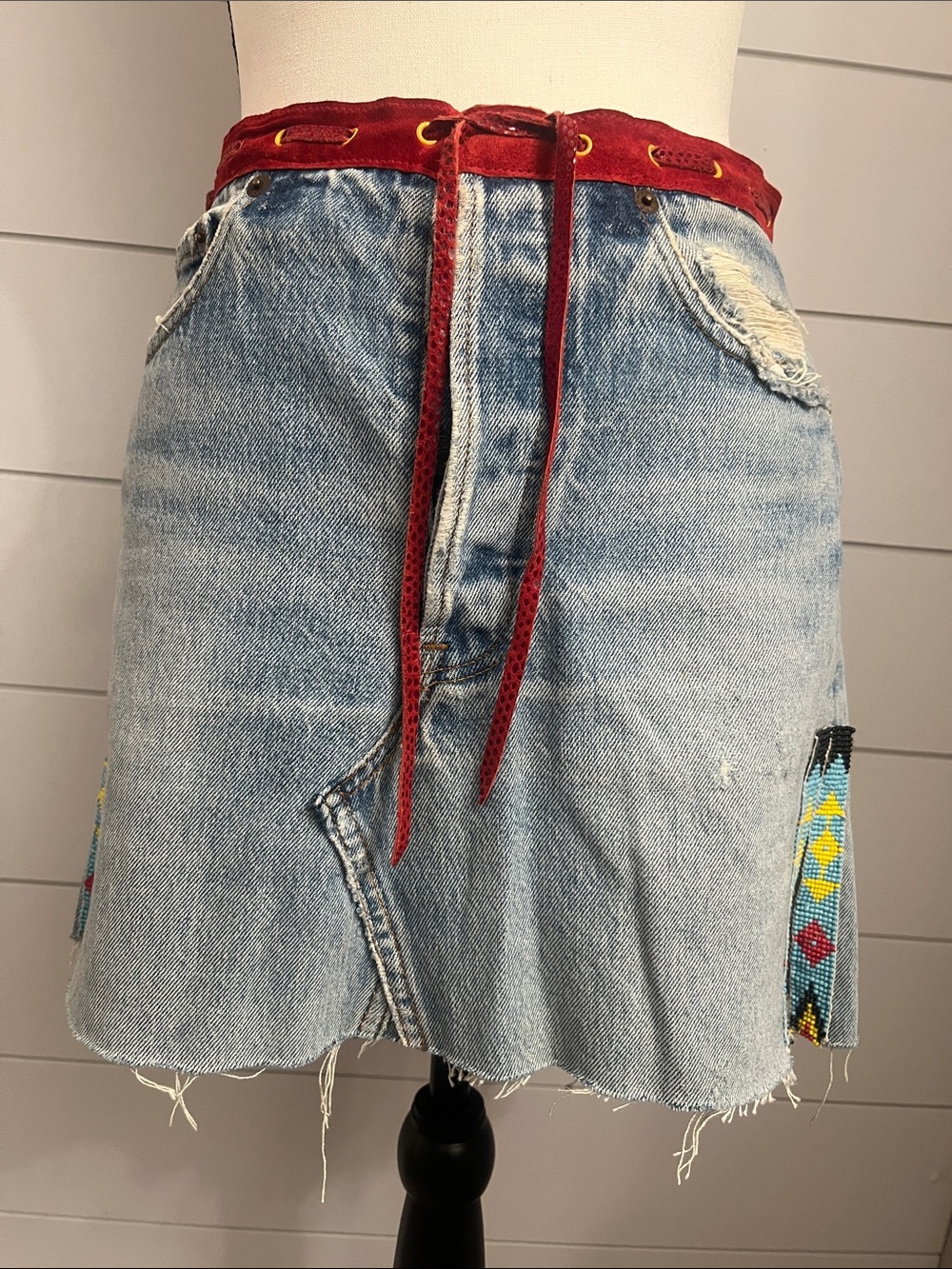 Levi's Light Wash Denim Mini Skirt with Red Suede Waistband